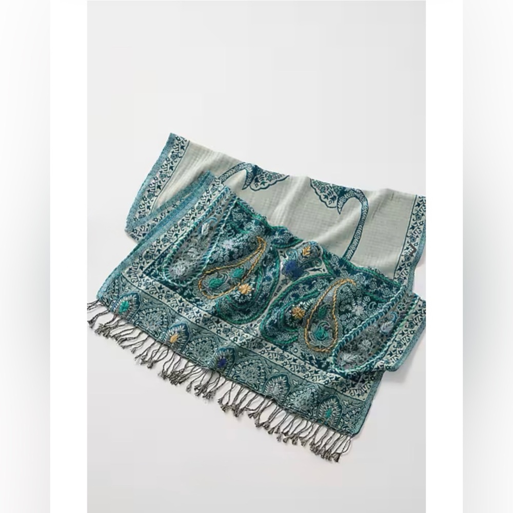 Jjill Hand Embroidered Jacquard Scarf in Blue Multi - Picture 3 of 4